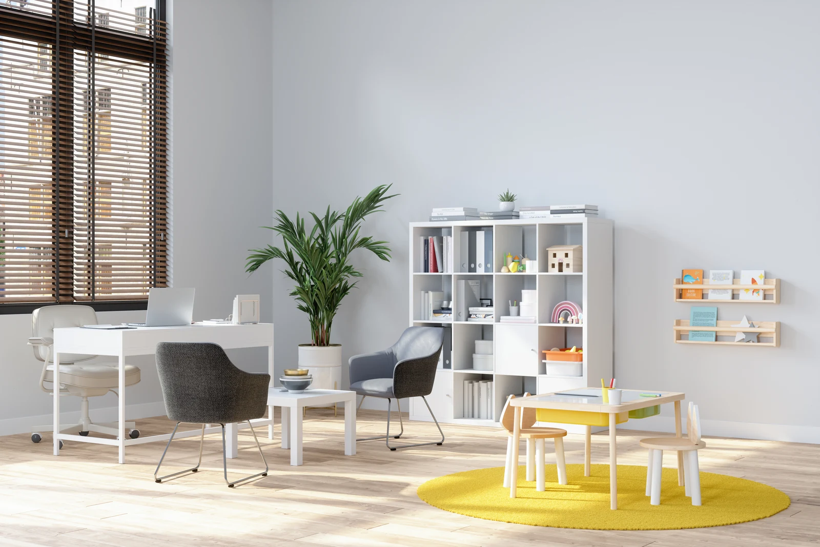 A bright counseling room with comfortable chairs and space for play